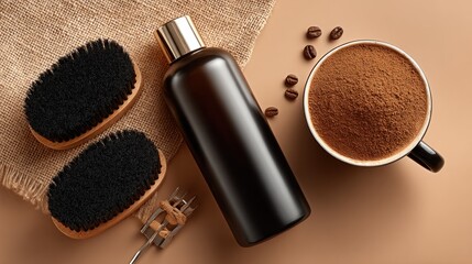 A top-down studio shot features a shiny black bottle, two brushes, coffee beans and a mug filled with powder on neutral and burlap surfaces