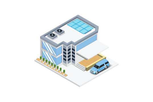 isometric building with blue car and solar panels clip art preview