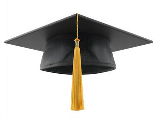 A black mortarboard graduation cap with a golden tassel is presented against a white background. Photorealistic render with detailed textures