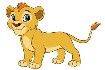 Cartoon Lion Cub Standing, Cute Feline Character with Blue Eyes on White Background