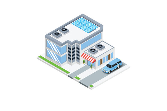 isometric building with blue car and solar panels clip art preview