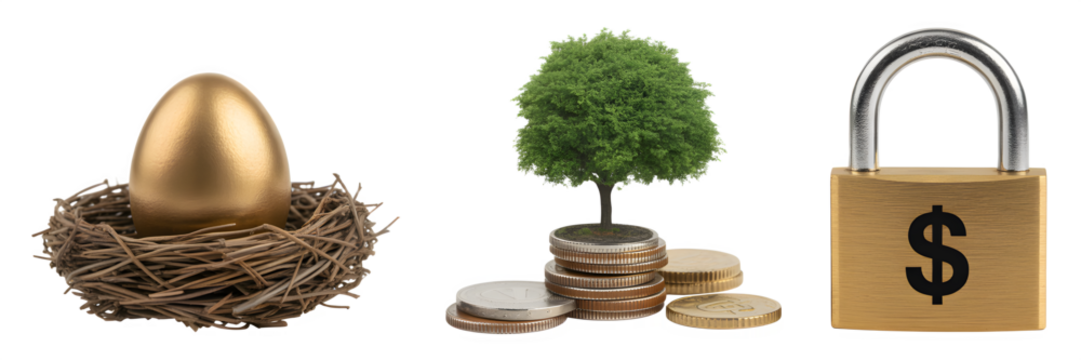 Conceptual financial security image showing a golden egg in a nest a tree growing from coins and a padlock with a dollar sign