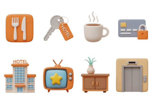 3d icon of collection of hotel and travel related icons, isolated on transparent background