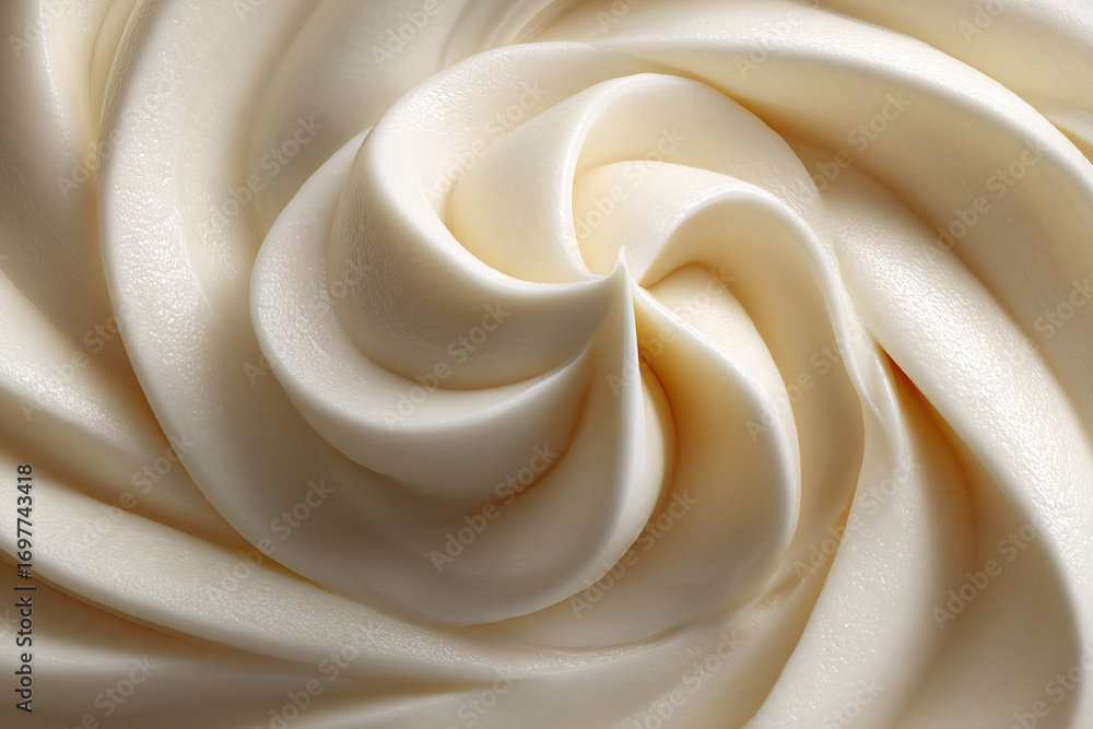 Poster close-up of a swirl of smooth, creamy white frosting, creating a visually appealing texture with its