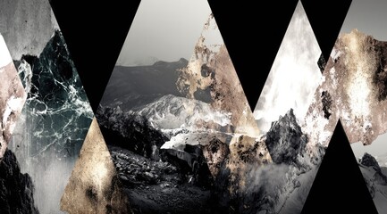 Abstract triangular composition featuring layered textures of mountains, marble, and metallics in a black, white, and gold color scheme