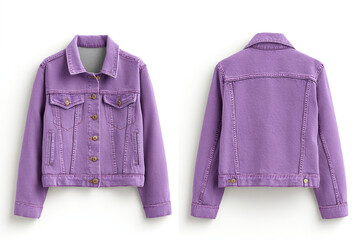 Front and back views of a purple denim jacket with button closure, flap pockets, and a classic collar. It is isolated on a white background.