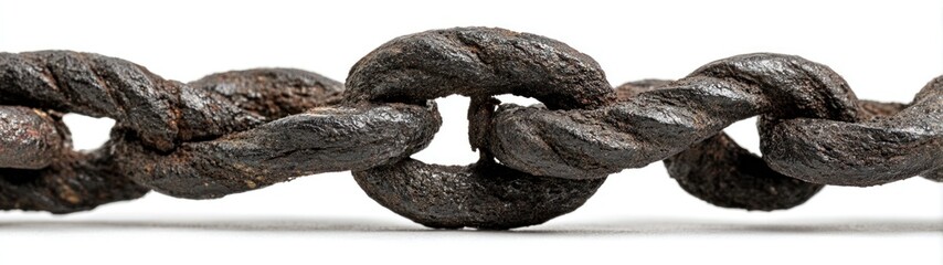 A rusted chain lies horizontally, its links twisted and darkened by corrosion, creating a heavy, aged texture against a plain, white background
