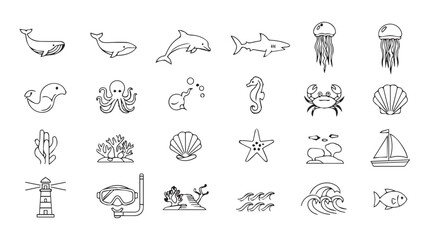 Collection of hand drawn nautical and ocean themed icons in silhouette style