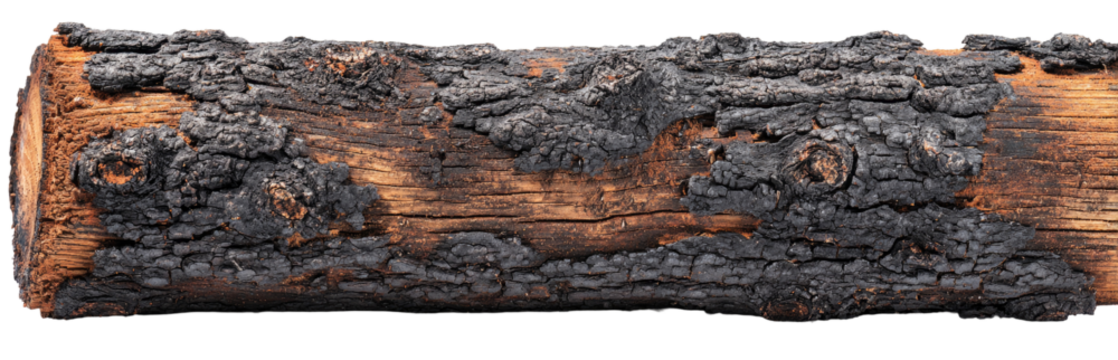 Charred log section, showing dark, rough bark texture with hints of light-brown wood underneath
