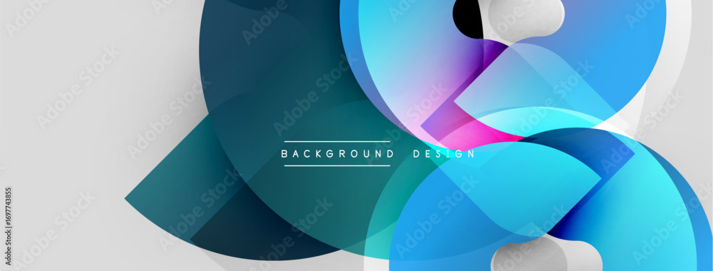 Poster abstract fluid shapes overlap, creating dynamic visual effect. blue, teal, white colors dominate com