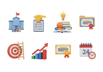 3d icon of set of business and education achievement icons, isolated on transparent background