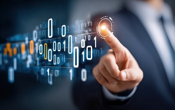 Businessman interacts with digital binary code overlay - Powered by Adobe