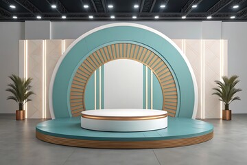 Modern stage design with circular backdrop and podium
