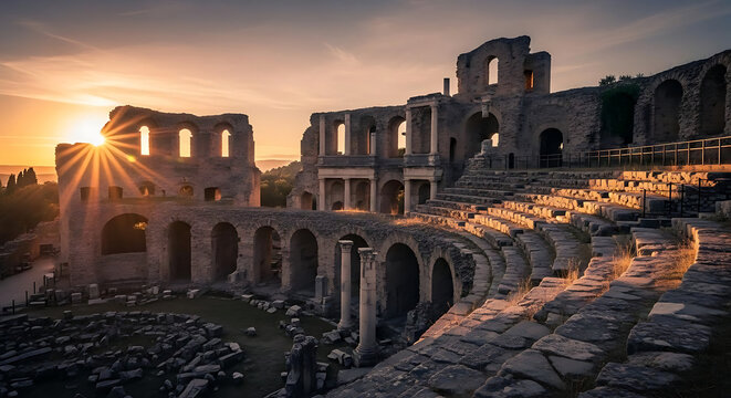 Ancient roman amphitheater ruins bathed in the golden light of a setting sun with clear skies ai generated