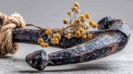 A weathered metal hook entwined with rope and adorned with small, dried yellow flowers, resting on a light gray surface