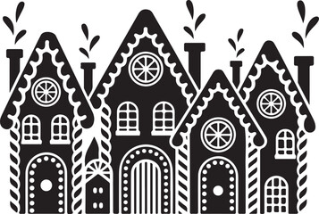 Gingerbread Houses Vector Illustration Whimsical Townscape Silhouette Against Transparent Backdrop