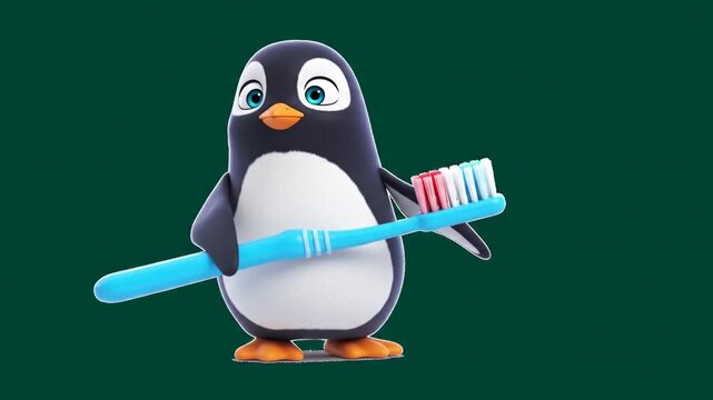 Animated penguin character holding a toothbrush on a green background