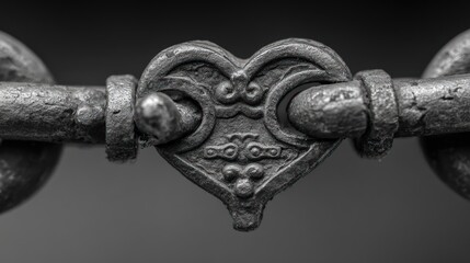A close-up shows a textured, metallic heart-shaped clasp connecting two links of a weathered chain against a blurred, dark background