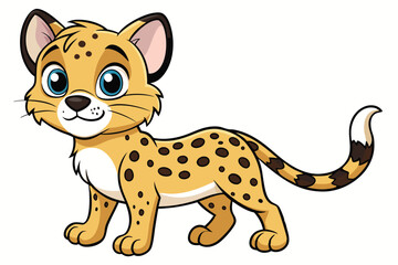Cartoon of Cute Cheetah Cub with Big Blue Eyes on a White Background