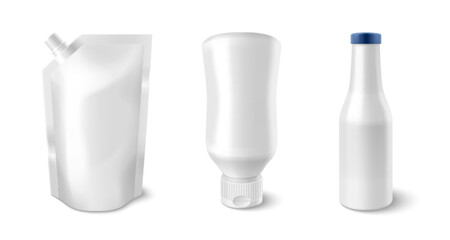 Plastic sauce package mockups set isolated on white background. Vector realistic illustration of pouch and bottle templates with caps and blank space for branding, food packaging, soap doypack