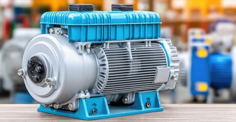 Industrial pump motor, light blue and gray casing, on wooden surface