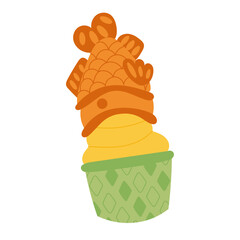 Traditional Japanese taiyaki dessert in the shape of a fish, filled with sweet paste. Flat vector for Asian cuisine, street food, and dessert themes.