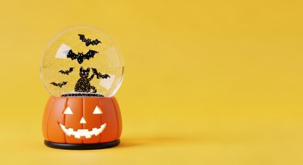 Halloween snow globe with black cat, bats, and glowing jack-o’-lantern base