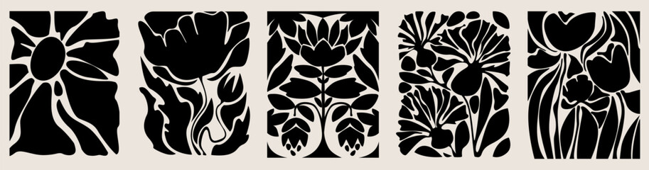 Abstract floral patterns set on beige background. Vector illustration of black leaves and flowers cutout, retro botanical silhouettes for vintage poster design, organic nature shapes, bohemian art