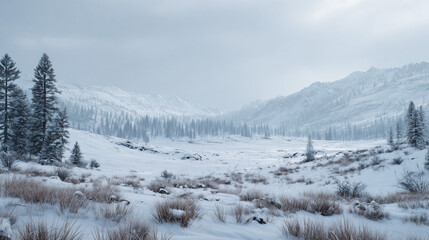 AI generated winter snow background with mountains and trees landscape. 