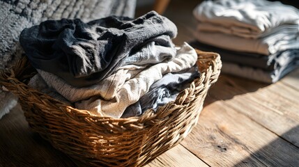 Obraz premium Laundry basket with folded clothes in sunlit room.