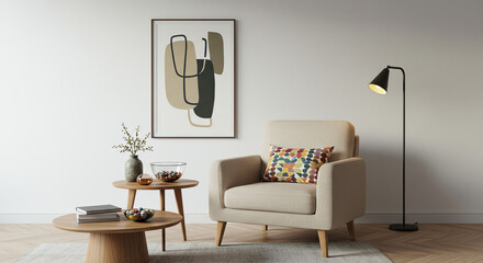 Interior living room decor with armchair and art