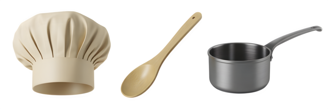 Chef's hat wooden spoon and stainless steel saucepan arranged against a black backdrop for culinary arts and cooking themed presentations