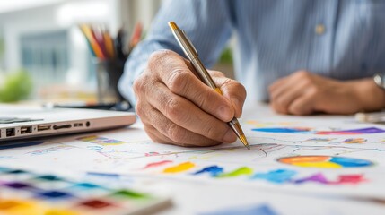 Person with a pen drawing colorful charts and graphs on a white desk, with a laptop, colored pencils, and paint palette visible