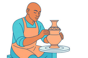 Man creating clay pot on pottery wheel in clean illustration style, isolated on white background. Culture and craftsmanship concept. Ai generative