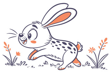 Cartoon Rabbit Running in Grass Vector, Whimsical, Happy Animal with White Background