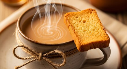 A cup of hot tea with rusk on a plate, close up shot, indoors