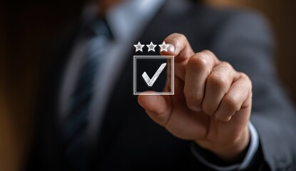 A suited hand holds a transparent box with a checkmark and three stars, representing satisfaction or achievement. A blurry background adds depth