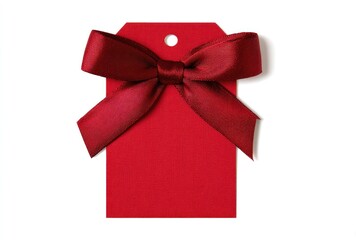 Bright red gift tag tied with a satin bow, casting shadow against white background. Perfect for presents or gift-giving occasions