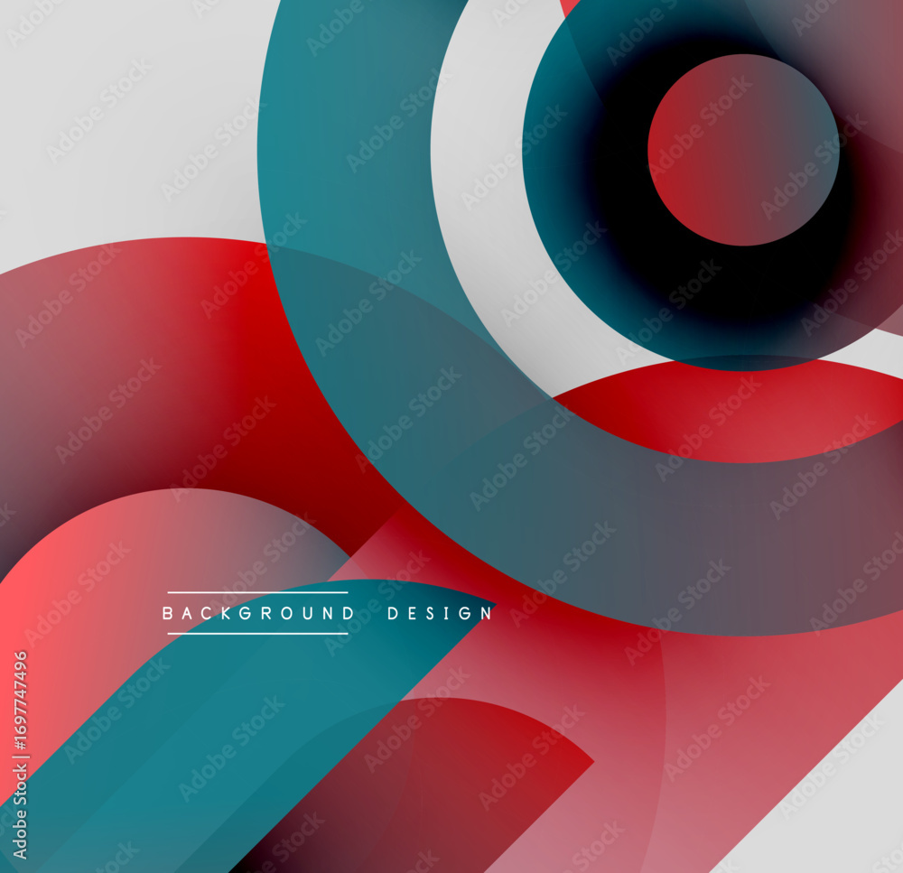 Poster abstract geometric shapes overlap. red, teal, black, white create dynamic composition. modern design
