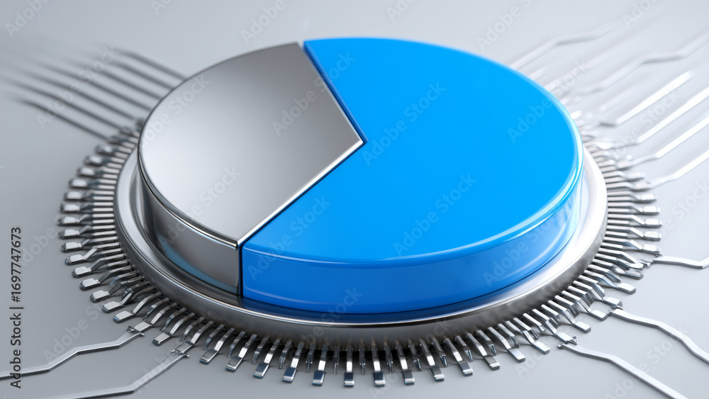 Poster pie chart on microchip represents ai data analysis for stock market trends and insights in technolog