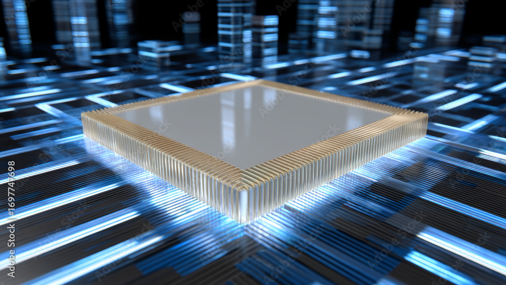 Poster ai chip technology powers stock market with advanced processing speed and efficiency in futuristic d