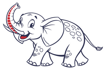 Cartoon Smiling Elephant with Trunk Up in Blue Outline vector, white background