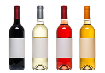 Assortment of wine bottles with different colors and blank labels Isolated on transparent background