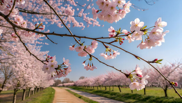 Fototapeta Delicate pink cherry blossoms adorn branches against a clear blue sky flowers