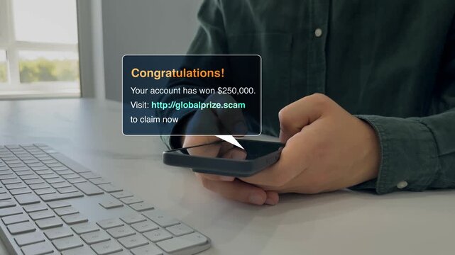 Bank fraud through phone messages.Man holding phone with scam message on digital screen. Fake text SMS scam.Scammers online.Cyber scam.