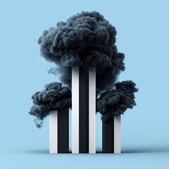 Abstract composition of black smoke clouds engulfing vertical striped pillars against a light blue backdrop.