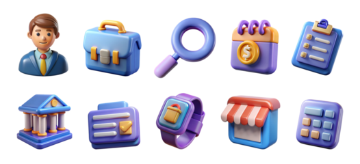 Set of Business and Finance Icons 3D Render on Transparent Background