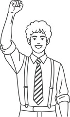 Young man in formal attire raises fist in celebration of success and achievement.