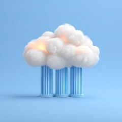 Three light-blue pillars support a fluffy white cloud, illuminated with soft, warm light.