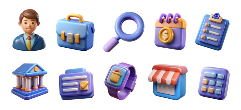 Set of Business and Finance Icons 3D Render on Transparent Background